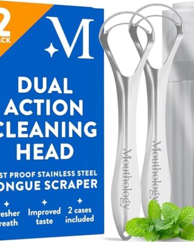 Mouthology Tongue Scraper for Adults (2 Pack), Reduce Bad Breath, Metal Tongue Scraper, Tongue Cleaner, Tongue Scraper, Stainless Steel Tongue Scraper, Tongue Cleaner for Adults, Tongue Scrubber