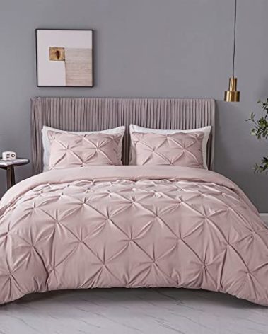ASHLEYRIVER 3 Piece Pink Queen Duvet Cover Luxurious Pinch Pleated Duvet Cover with Zipper & Corner Ties 100% 120 g Microfiber Pintuck Duvet Cover Set(King Pink)