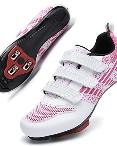 Unisex Road Bike Cycling Shoes Compatible with Peloton Shimano SPD Bike Riding Shoes for Men Women, 3 Straps, Pre-Installed Delta Cleats for Indoor Outdoor Cycling Biking Size 7 (White-Pink)