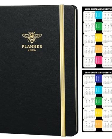 2026 Planner - Planner 2026, JAN 2026 - DEC 2026, 2026 Planner Weekly and Monthly with Calendar Stickers, 5.75" x 8.25", Saffiano Leather, Pen Loop, Back Pocket - Black Bee