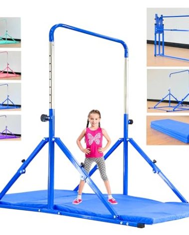MARFULA Foldable Gymnastic Bar for Kids Ages 3-12, 9 Height Levels, 200 lbs Weight Capacity, 5 Ft Length Gymnastic Kip Bar with Mat, Gymnastic Equipment for Home and Gym Center Indoor Outdoor Use