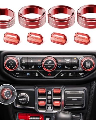DIAMOOKY 8PCS Metal Button Knob Cover for Jeep Wrangler JL JLU 2018-2025 2026 & Gladiator JT Accessories Window Switch Button Cover Volume Radio Air Conditioner Headlight Switch Knob Cover (Red)