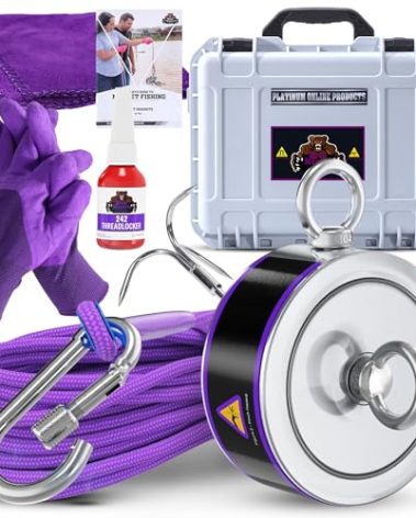2600LB’s Complete Magnet Fishing Kit | Double Sided Fishing Magnet Kit with Case | Includes Strong Neodymium N52 Magnets, Durable 65ft Rope, Carabiner, Gloves, Grappling Hook & Carry Case
