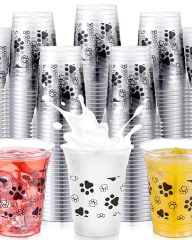 100 Pcs Pup Cups Puppy Paw Print Themed Dog Birthday Party Cups Bulk 12 oz Disposable Clear Plastic Birthday for Ice Coffee, Smoothie, Juice, Baby Shower Party Supplies