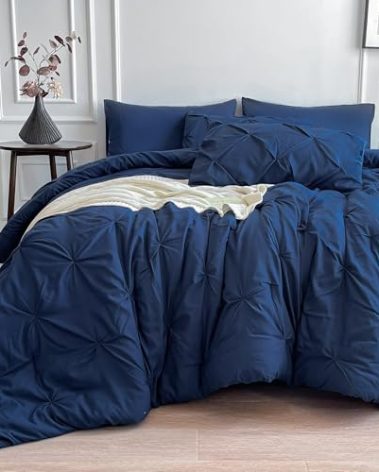 Maple&Stone Navy Blue Comforter Queen Size, 7 Pieces Bed in a Bag Queen, Pintuck Bedding Sets with Comforter, Sheets, Pillowcases & Shams - Navy