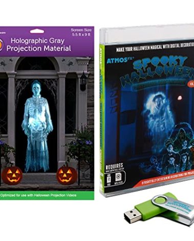 AtmosFX® Spooky Halloween Hollusion Digital Decoration Kit Includes 8 AtmosFX® Video Effects for Halloween Plus 5.5' x 9' Holographic Projection Screen