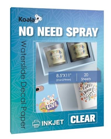 KOALA Waterslide Decal Paper INKJET CLEAR, No Spray Coating Water Slide Decal Paper for DIY Tumbler, Mug, Nail Crafts, 8.5x11 Inches 20 Sheets