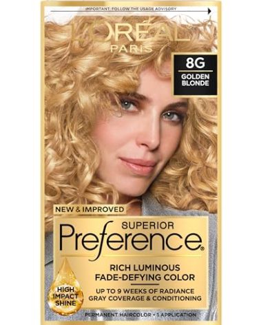 L'Oreal Paris Superior Preference Luminous Fade-Defying Permanent Hair Color, Hair Dye For Up to 9 Weeks of Radiance, Golden Blonde 8G, 1 Hair Dye Kit