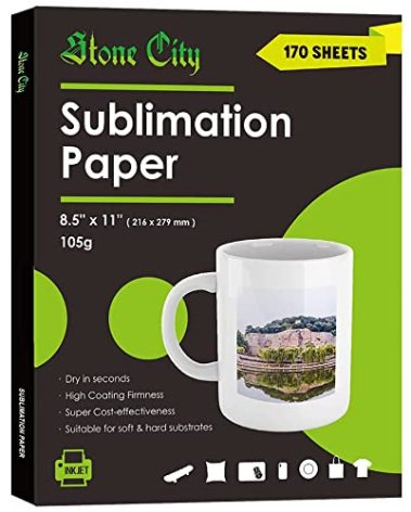 Stone City Sublimation Paper 170 Sheets 105g for Heat Transfer Light Fabric, T Shirt, Mug, Tumbler, Compatible with Inkjet Printer with Sublimation Ink