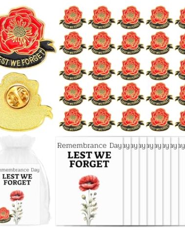 Misdary 25 Set Memorial Day Red Flower Lapel Pins with Card Bag Patriotic Fallen Soldiers Red Flowers Enamel Brooch Pin for Veterans Remembrance Day Party Favor Souvenirs