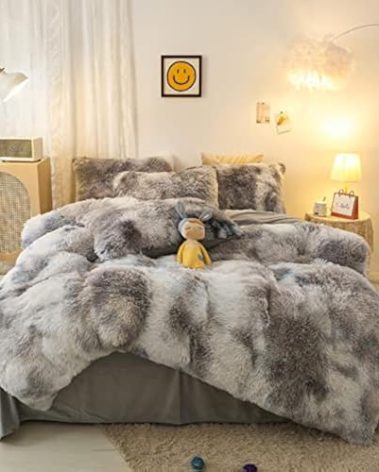 Jameswish Shaggy Plush Duvet Cover Set Super Soft Fluffy Faux Fur Comforter Cover Set Luxury Fuzzy Bedding Set 3 Piece(1Duvet Cover+2Pillowcases) with Zipper Closure(Full Size,Gray White Ombre)