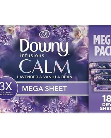Downy CALM, Mega Dryer Sheets, Laundry Fabric Softener, Lavender and Vanilla Bean, 180 Count