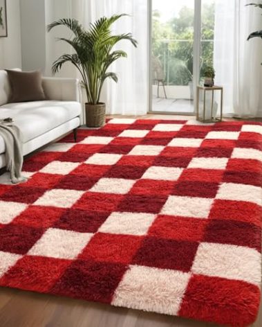 Nuttumico Luxury Fluffy Plaid Rugs for Bedroom Living Room, 4x6 Feet Burgundy Checkerboard Area Rug, Thickened Memory-Foam Carpet for Kids Boys Girls Room, Nursery Dorm, Soft, Non-Slip, High Pile