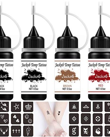 Jacknb Temporary Tattoo Kit Freehand Ink Semi Permanent Tattoo Jagua Gel 40 Pcs Free Tattoo Stencils DIY Tattoos Fake Freckles Temp Tattoos for Women Kids Men - Full Kit 4 Bottles