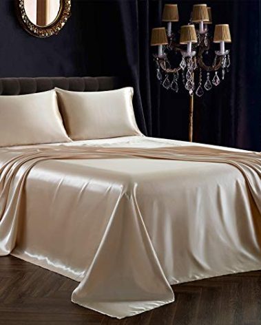 SiinvdaBZX 4Pcs Satin Sheet Set California King Size Ultra Silky Soft Beige Satin Bed Sheets with Deep Pocket, 1 Fitted Sheet, 1 Flat Sheet, 2 Envelope Closure Pillowcases