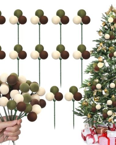 Syhood 12 Set 7.9 Inch Christmas Ball Ornaments on Wired Picks Shatterproof Xmas Brown Dark Green Beige Ball Picks for Christmas Mardi Gras Tree Vase Wreath Stairs Garland Decoration Supplies