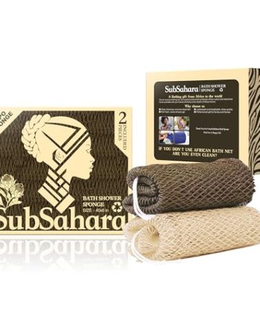 SubSahara Authentic African Net Sponge - 2 Pieces Exfoliating Scrubber for All Skin Types, Bath Sponge for Face & Body, Travel Portable, Durable, Gentle Exfoliation (Linen & Brown)