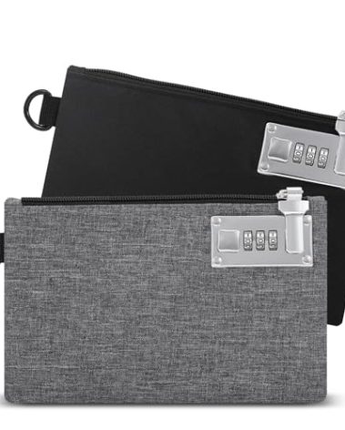 KeeKit Money Bag with Lock, 2 PCS Lockable Money Bag, 5 x 8 Inches Locking Accessories Pouch for Cash, Jewelry, Passports, Medicine, Credit Cards (Black & Grey)