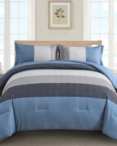WONGS BEDDING Comforter Set Queen Size, Reversible Blue Grey Striped Patchwork Alternative Comforter for Queen Bed,3 Pieces (1 Comforter+2 Pillowcases), Soft Microfiber Bedding Duvet Set 90”×90”