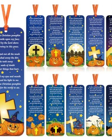 Zhanmai 200 Pcs Pumpkin Prayer Bookmarks for Kids Religious Bible Verses Christian Halloween Bookmarks Bulk Halloween Pumpkin Bookmarkers with Ribbon for Sunday School Supplies