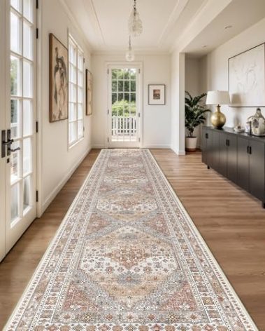 Restydon Washable Runner Rug 2.5x14, Non-Slip Long Kitchen Mats for Floor, Vintage Rug for Entryway, Soft Hallway Runner for Dining Room, Bedroom, Living Room(Orange,2.5'x14')