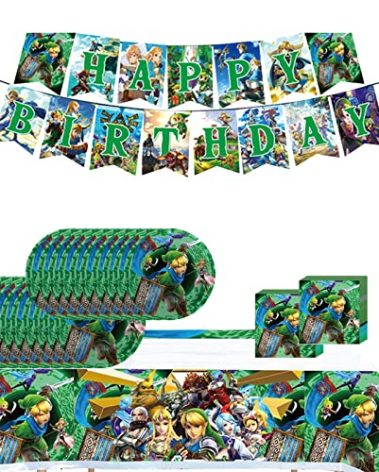 Zel-da Game Party Birthday Supplies, Legend Game Theme Party Tableware with Happy Birthday Banner, Tablecloth, Disposable 7" Paper Plates with Napkins for Fans Party Supplies Decorations