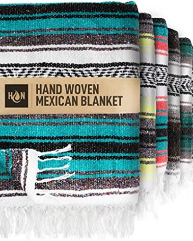 Authentic Extra Large Mexican Blanket - 70"x50" Handwoven Yoga, Serape, Artisanal Falsa, Beach, Camping, Picnic, Outdoor Blanket (Emerald)