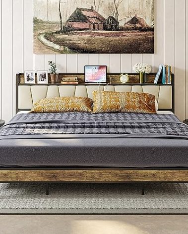 LIKIMIO King Bed Frame, Storage Headboard with Charging Station, Solid and Stable, Noise Free, No Box Spring Needed, Easy Assembly (Walnut and Beige)