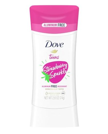 Dove Teens Deodorant Stick Strawberry Sparkle, for gentle underarm care, 48-hour odor protection and aluminum free deodorant, 2.6 oz