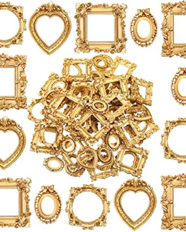 Vicenpal 120 Pcs Vintage Mini Picture Frames Baroque Antique Small Resin Jewelry Display Table Frame for Christmas DIY Photo Holiday Party Decoration (Gold)