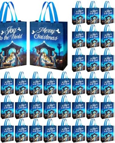 Paterr 50 Pcs Christmas Nativity Gift Bags Bulk Joy to the World Non Woven Holy Night Christmas Candy Gift Bags Christian Religious Nativity Party Favor for Jesus Holiday Gifts(Blue)