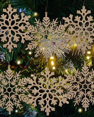 6pcs Large Champagne Gold Snowflakes Ornaments 12” Big Plastic Glitter Snowflake for Winter Indoor Outdoor Christmas Tree Window Room Decorations Giant Craft Snowflakes