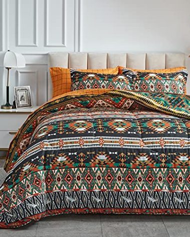 Flysheep Boho Bed in a Bag 7 Pieces King Size, Southwestern Bohemian Tribal Striped Printed, Reversible Bed Comforter Set (1 Comforter, 1 Flat Sheet, 1 Fitted Sheet, 2 Pillow Shams, 2 Pillowcases)