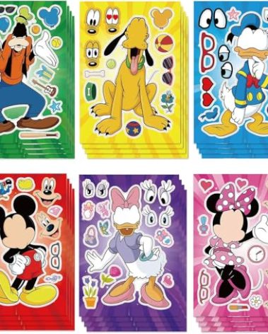 24 Sheets Cartoon Mouse Make-a-face Stickers for Kids Teens, Mixed & Matched with 6 Designed Characters Stickers for Party Decoration, Reward, Decor, Gift Idea