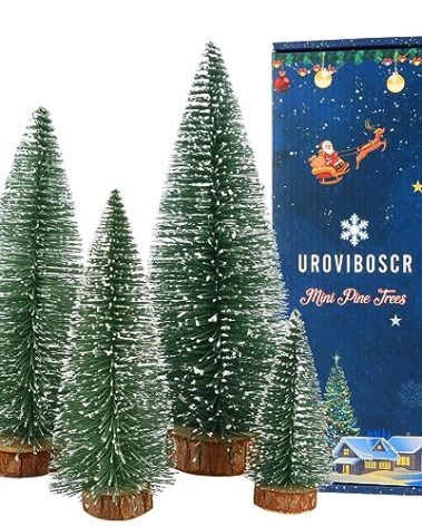 Green Bottle Brush Trees Christmas, 4 Pcs Mini Christmas Tree, Miniature Christmas Trees 9.9/7.9/5.9/3.9 Inch, Small Christmastree with Snowflakes, Christmas Decorations Indoor