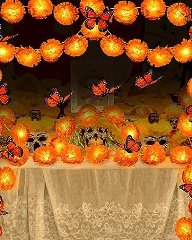 4Pack Day of the Dead Decorations Total 26.2Ft Marigold Garland for Decoration, 80 Lighted Artificial Marigold Flowers 24 Butterfly for Dia de Los Muertos Indian Diwali Altar Halloween Home Decor