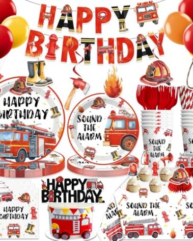 193pcs Firetruck Birthday Decorations Include Fire Truck Plates and Napkins Set, Banner, Hanging, Tablecloth, Balloon, Cupcake Topper, Centerpieces, for Firefighter Party Decorations, Serves 25