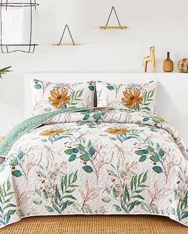 Anibedding Floral Quilt Set Queen,3 Pieces Reversible Elegant Green Leaves Pattern Bedspread Coverlet Soft Microfiber Bed Cover for All Season(96"x90")
