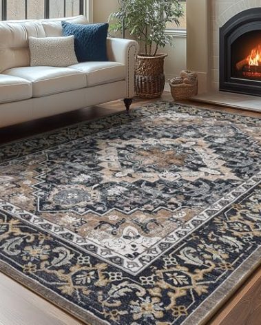 Lessymo Area Rugs 5x7, Machine Washable Area Rug, Super Soft Faux-Wool Area Rugs for Living Room Bedroom Kitchen, Boho Vintage Floral, Non-Slip Low Pile, Kid & Pet Friendly, Black Brown