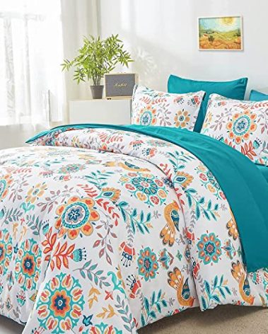 DHSFKBE Boho Comforter Set Twin - 5 Pieces Bed in a Bag Floral Medallions Design, Bohemian Comforter Set with Sheets, Soft Microfiber Complete Bedding Sets All Season (Teal Blue, Twin)