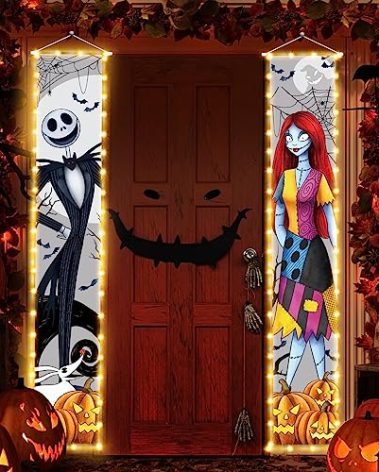 Jack Sally Lighted Banners Porch Signs Halloween Decor Christmas Nightmare Hanging Banner Halloween Decorations Outdoor Horror Poster for Indoor Before Party Wall Art Wallpaper Lights