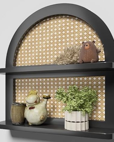 Wood Boho Rattan Wall Shelf - 2-Tier Arched Wicker Floating Shelf Black Wood New Boho Shelf, Rustic Farmhouse Nursery Decor Shelves Wall Mounted, Neutral Handcrafted (16''l Natural Rattan Shelf)
