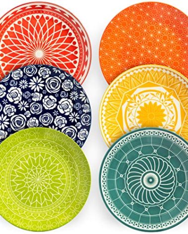 Annovero Dinner Plates - Mismatched Colorful Dinnerware Set of 6 - Fun Decorative Cute Boho Kitchen Dishes - Zero Lead & Cadmium - 10.5 Inch Diameter
