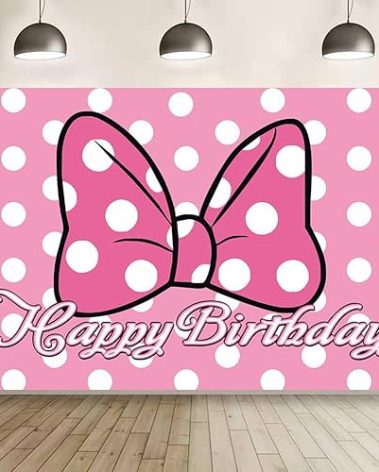 Pink Mouse Birthday Decorations,Pink Mouse Happy Birthday Banner Backdrop for Kids Party Supplies (5x3ft)
