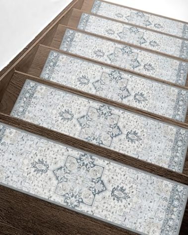 sarben Non Slip Stair Treads for Wooden Steps 15PCS - 8"x30" Indoor Safety Carpet, Edging Mats with TPE Adhesive Backing, Pet and Elderly Friendly Stair Rugs (Blue)