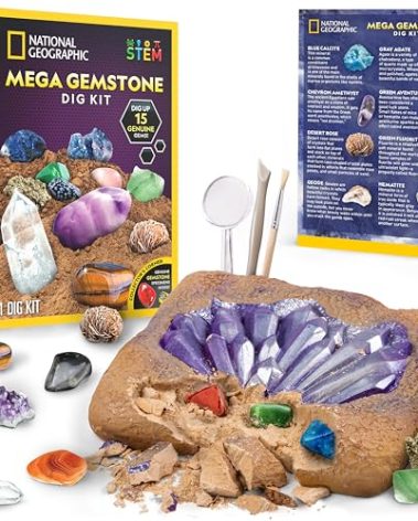 NATIONAL GEOGRAPHIC Mega Gemstone Dig Kit – Dig Up 15 Real Gemstones and Crystals, Science Kit for Kids, Gem Digging Kit, Gift for Girls and Boys, Mining Kit, Rock Collection