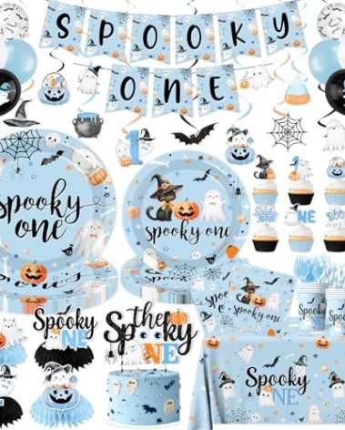 Spooky One Birthday Decorations Boy, Blue Halloween 1st Birthday Party Supplies Honeycomb Centerpieces, Cake Topper, Plates, Napkins for Halloween Spooky Baby Shower Party Decorations, Serves 24