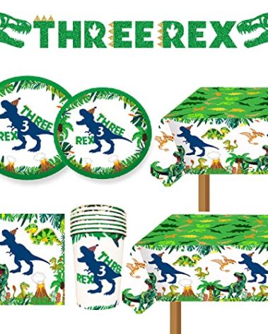 Dinosaur Birthday Party Supplies 3 Year Old Boy Three Dino Rex Plates Napkins and Cups Banners Table Cloth Three Dino-Rex Birthday Party Decorations for Boys T-Rex 3 Rex Bday