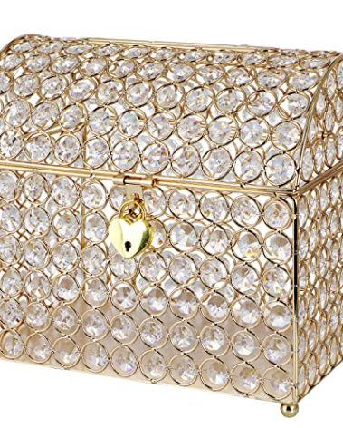 MDLUU Treasure Chest Card Holder with Heart Shaped Lock, Crystal Bead Box for Wedding, Birthday, Graduation (Gold)