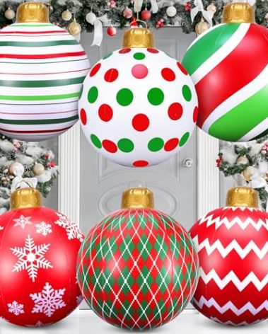 6 Pcs 24 Inch Inflatable Christmas Balls Large PVC Christmas Hanging Ornaments Oversized Christmas Tree Balls Blow up Christmas Balls Decorations for Yard Lawn Porch Party Decor